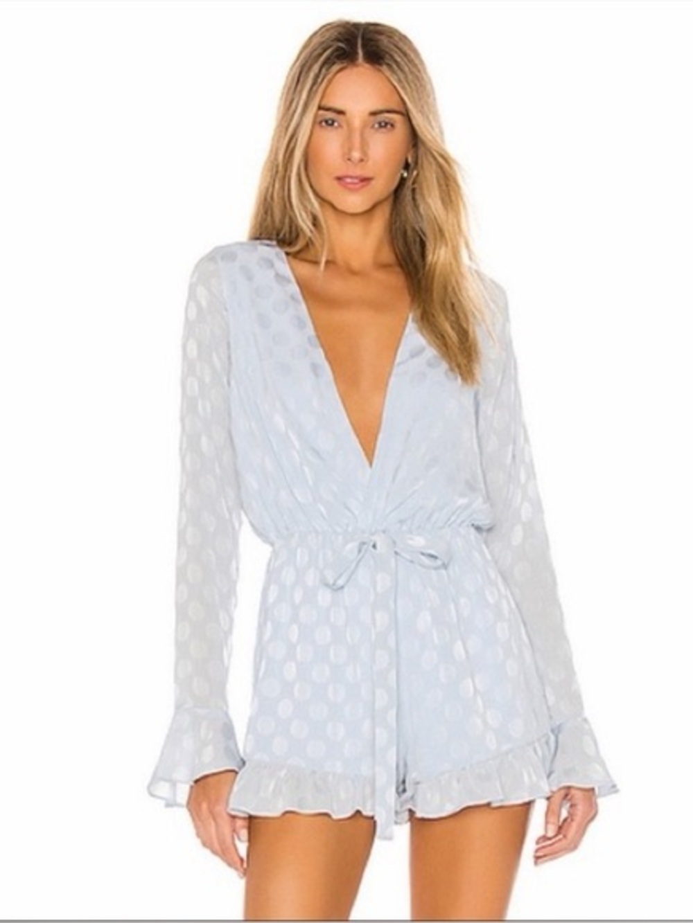 Tularosa Baby Blue Polka Dot Romper • Pastel Coquette Bell Sleeve Ruffle Mini M
